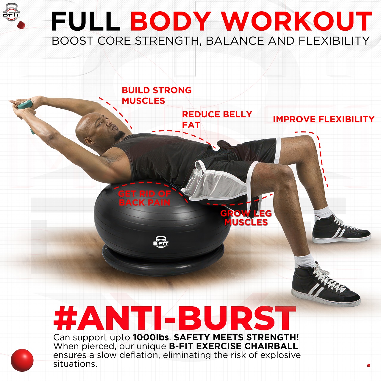 B fit PVC  Exercise Printed Anti burst Chair Gym Ball  Size 85 cm Black