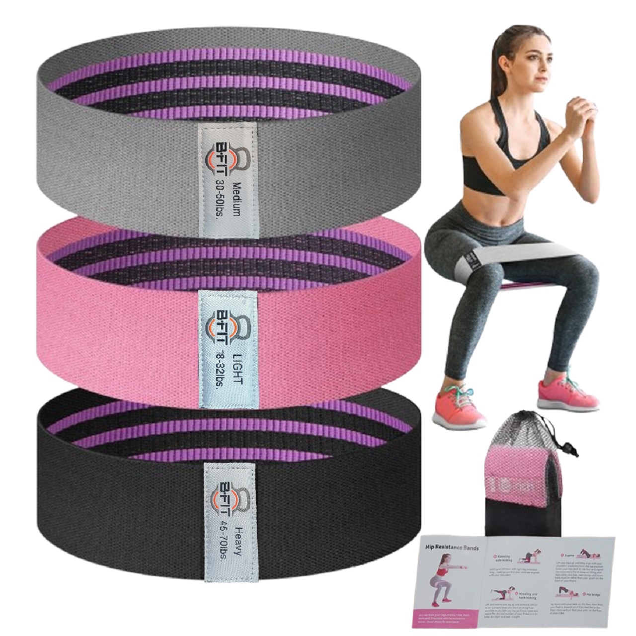B Fit Resistance Bands Exercise Workout Bands for Women and Men 3 Set of Stretch Bands for Booty Legs Pilates Flexbands
