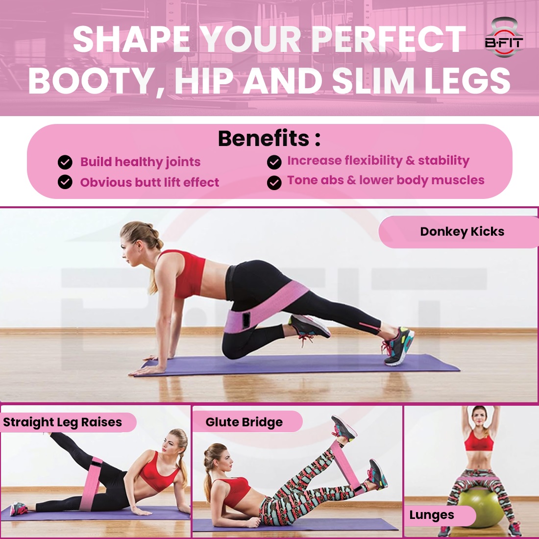 B Fit Resistance Bands Exercise Workout Bands for Women and Men 3 Set of Stretch Bands for Booty Legs Pilates Flexbands