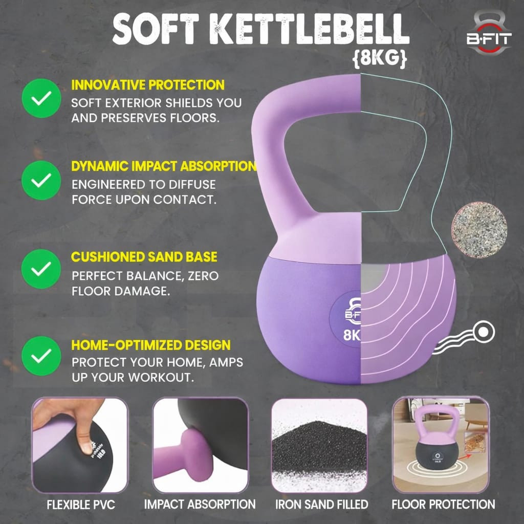 B Fit Soft Kettlebells 8 Kg with Cushioned Impact-Resistant Base and Anti-Slip