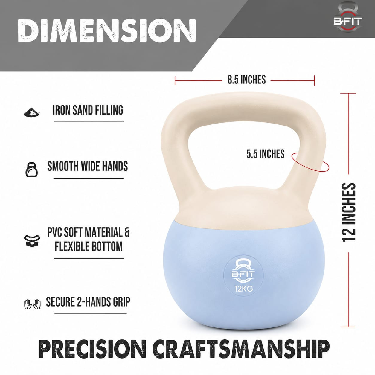 B Fit Soft Kettlebells 12 Kg with Cushioned Impact-Resistant Base and Anti-Slip