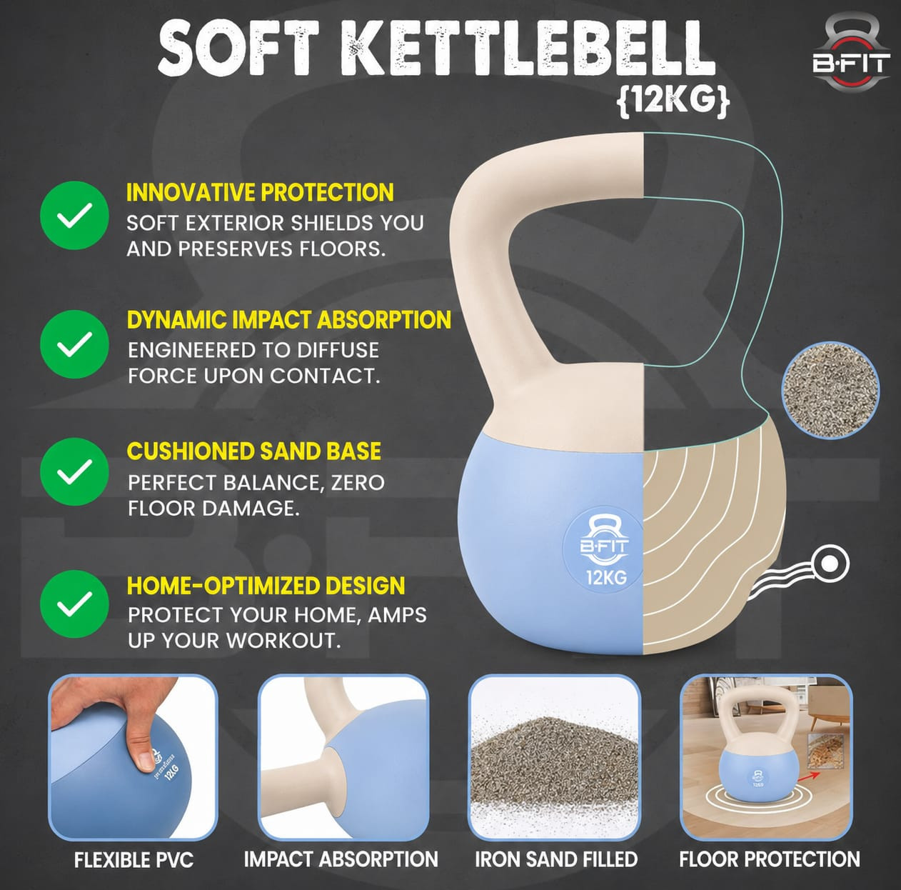 B Fit Soft Kettlebells 12 Kg with Cushioned Impact-Resistant Base and Anti-Slip
