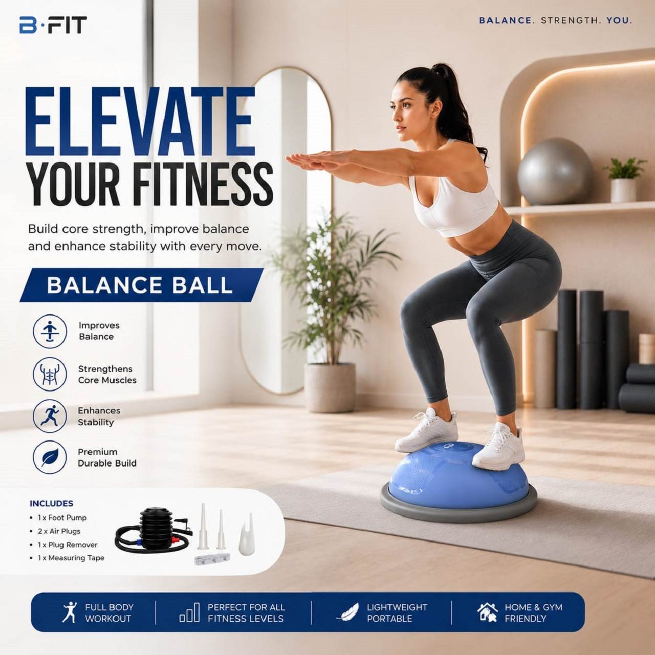 B FIT Balance Trainer Stability Half Ball with Pump - Improve Core and Ab Strength With Full Body Home Gym Workouts Or Fitness Training