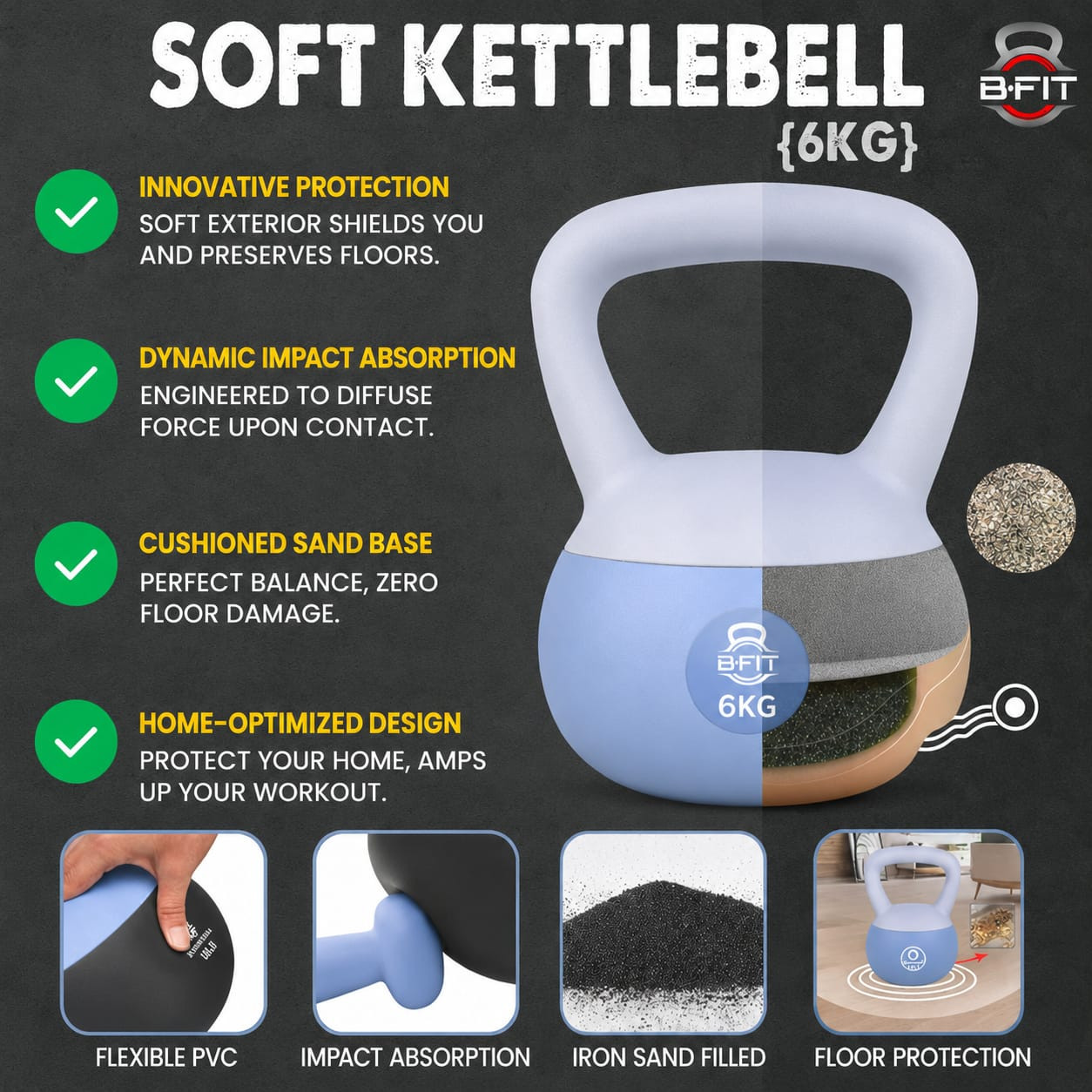 B Fit Soft Kettlebells 6 Kg with Cushioned Impact-Resistant Base and Anti-Slip