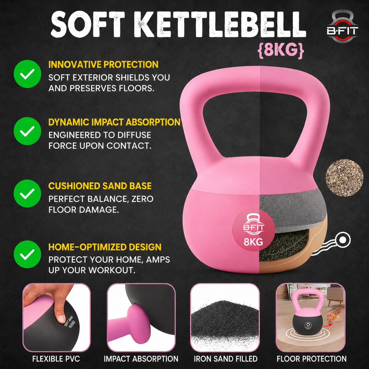 B Fit Soft Kettlebells 8 Kg with Cushioned Impact-Resistant Base and Anti-Slip