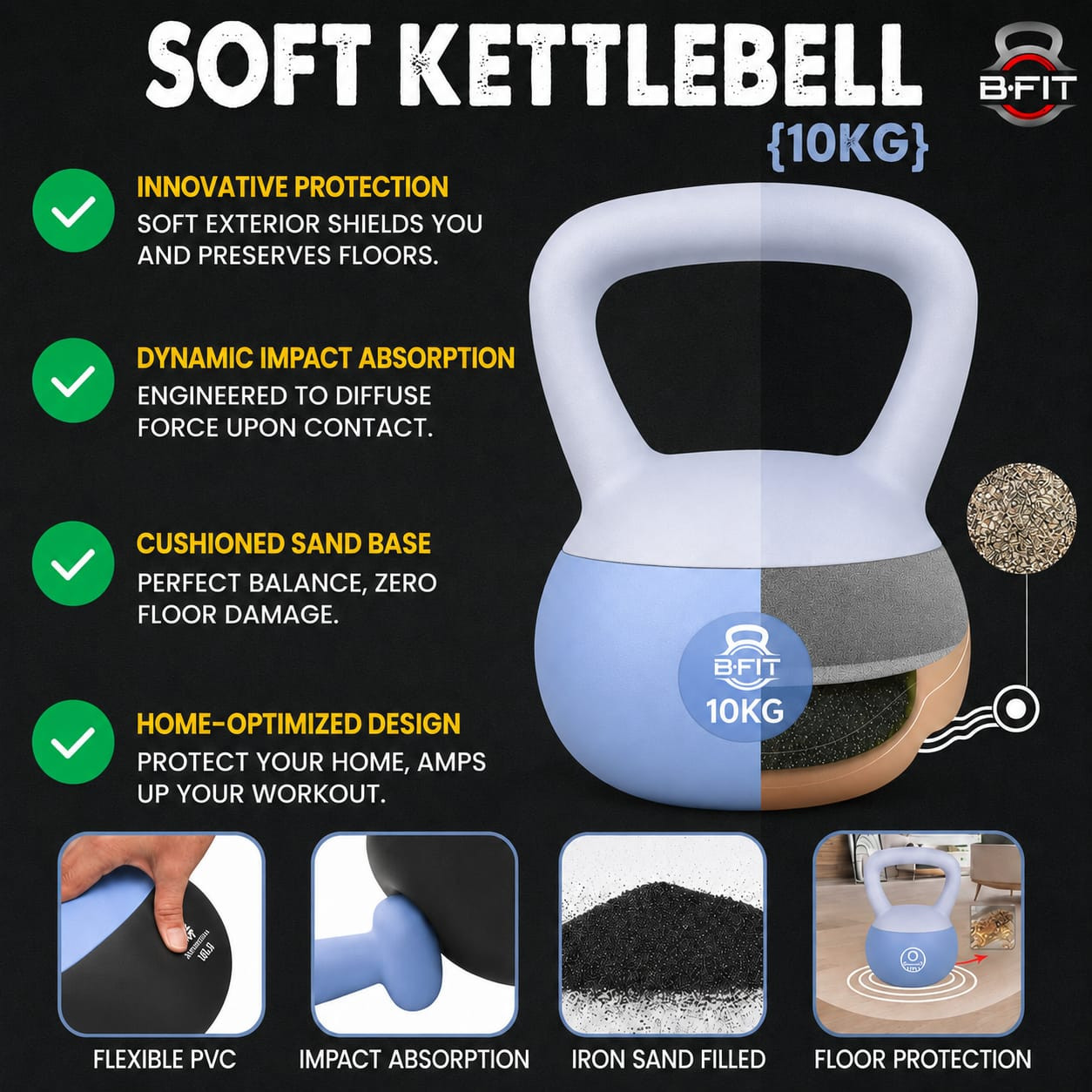 B Fit Soft Kettlebells 10 Kg with Cushioned Impact-Resistant Base and Anti-Slip