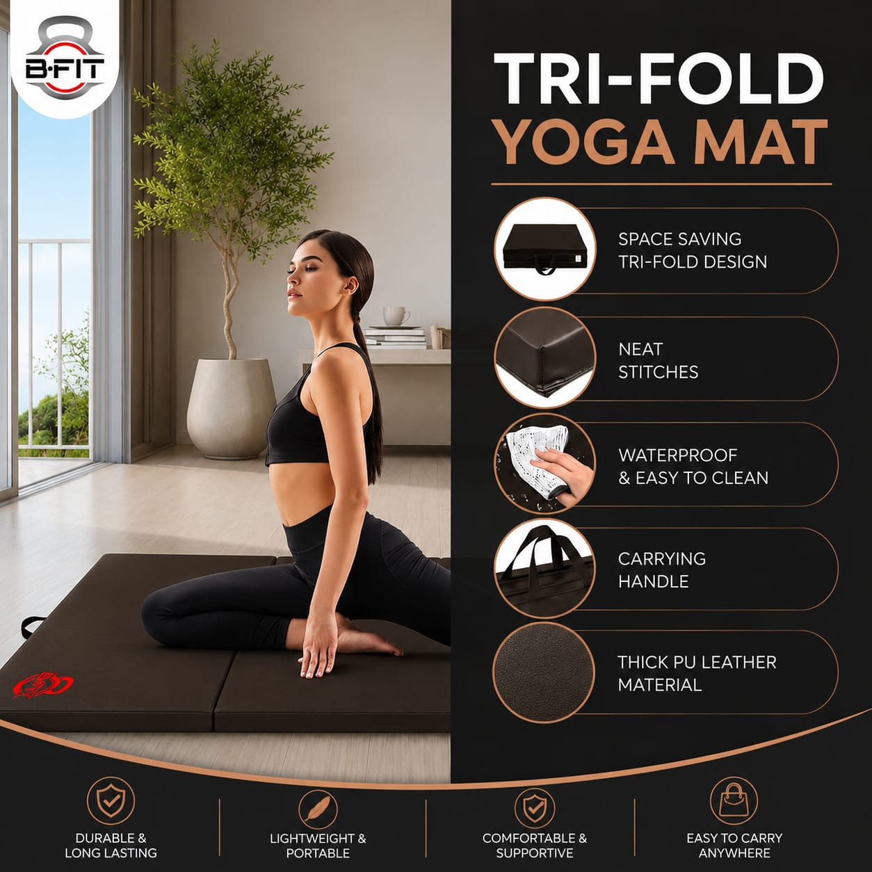 B Fit All Purpose Folding Anti Tear Exercise Training Aerobic Fitness Gym Gymnastics Balance Tri-foldMat