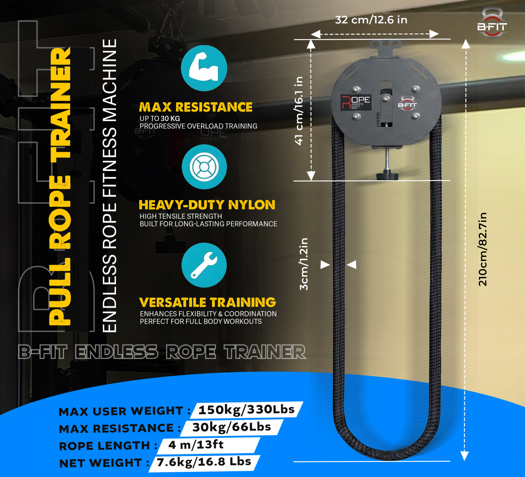 B Fit Endless Rope Trainer for Home Gym Portable Cable Pulley System with 66LB Max Resistance Infinity Ropes Machine for Full Body Workout Cardio HIIT Strength Training