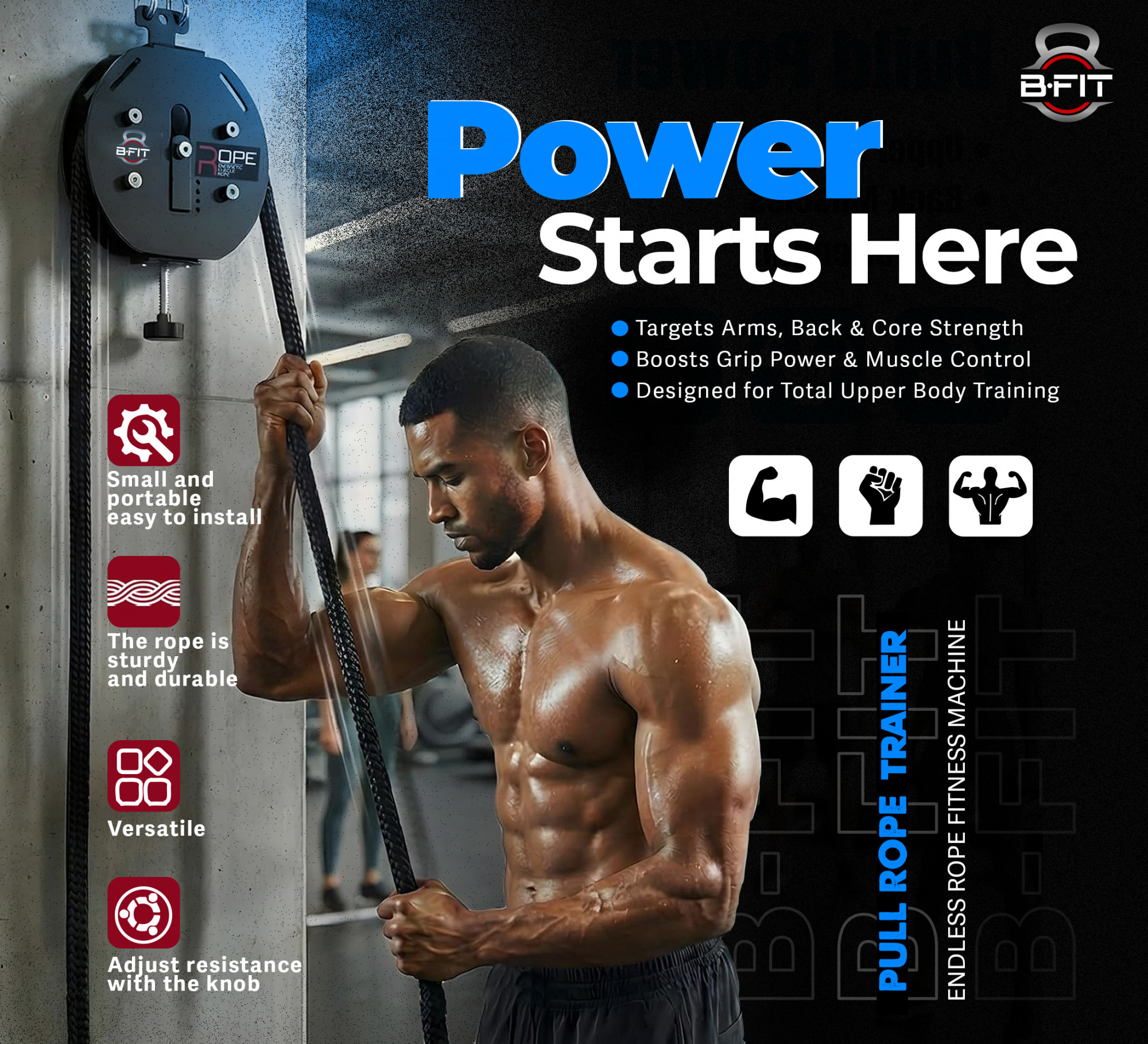 B Fit Endless Rope Trainer for Home Gym Portable Cable Pulley System with 66LB Max Resistance Infinity Ropes Machine for Full Body Workout Cardio HIIT Strength Training