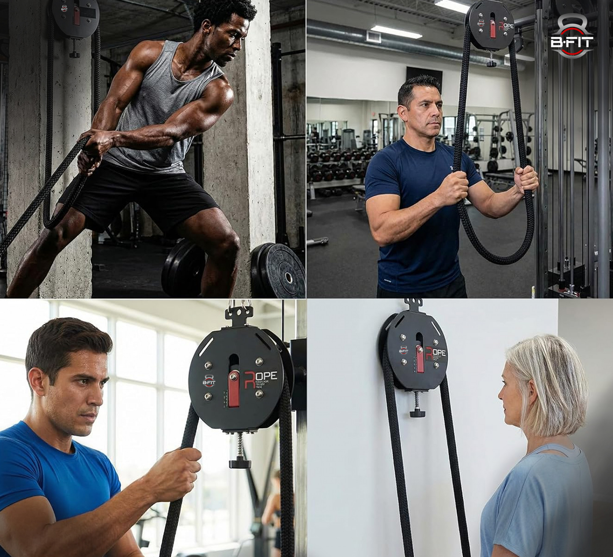 B Fit Endless Rope Trainer for Home Gym Portable Cable Pulley System with 66LB Max Resistance Infinity Ropes Machine for Full Body Workout Cardio HIIT Strength Training