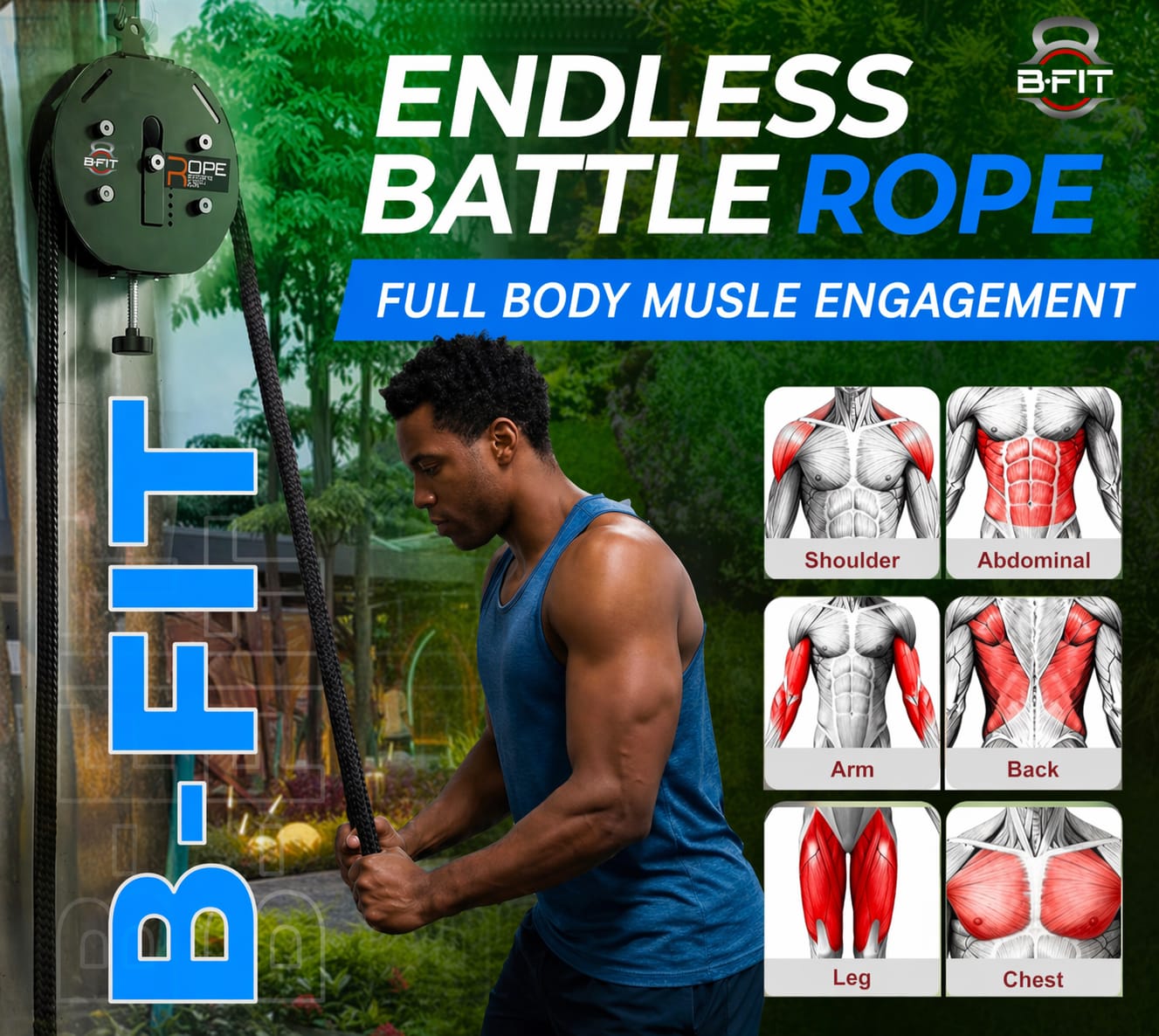 B Fit Endless Rope Trainer for Home Gym Portable Cable Pulley System with 66LB Max Resistance Infinity Ropes Machine for Full Body Workout Cardio HIIT Strength Training