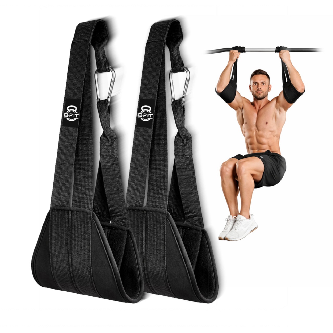B Fit Fitness Hanging Open Design Ab Straps for Pull Up Bar Core Strength Training - Soft Padded Exercise Straps for Ab Swing Leg Raises 2 Hang Bar Strap with 2 Steel Carabiners - Abs Equipment for Home Gym
