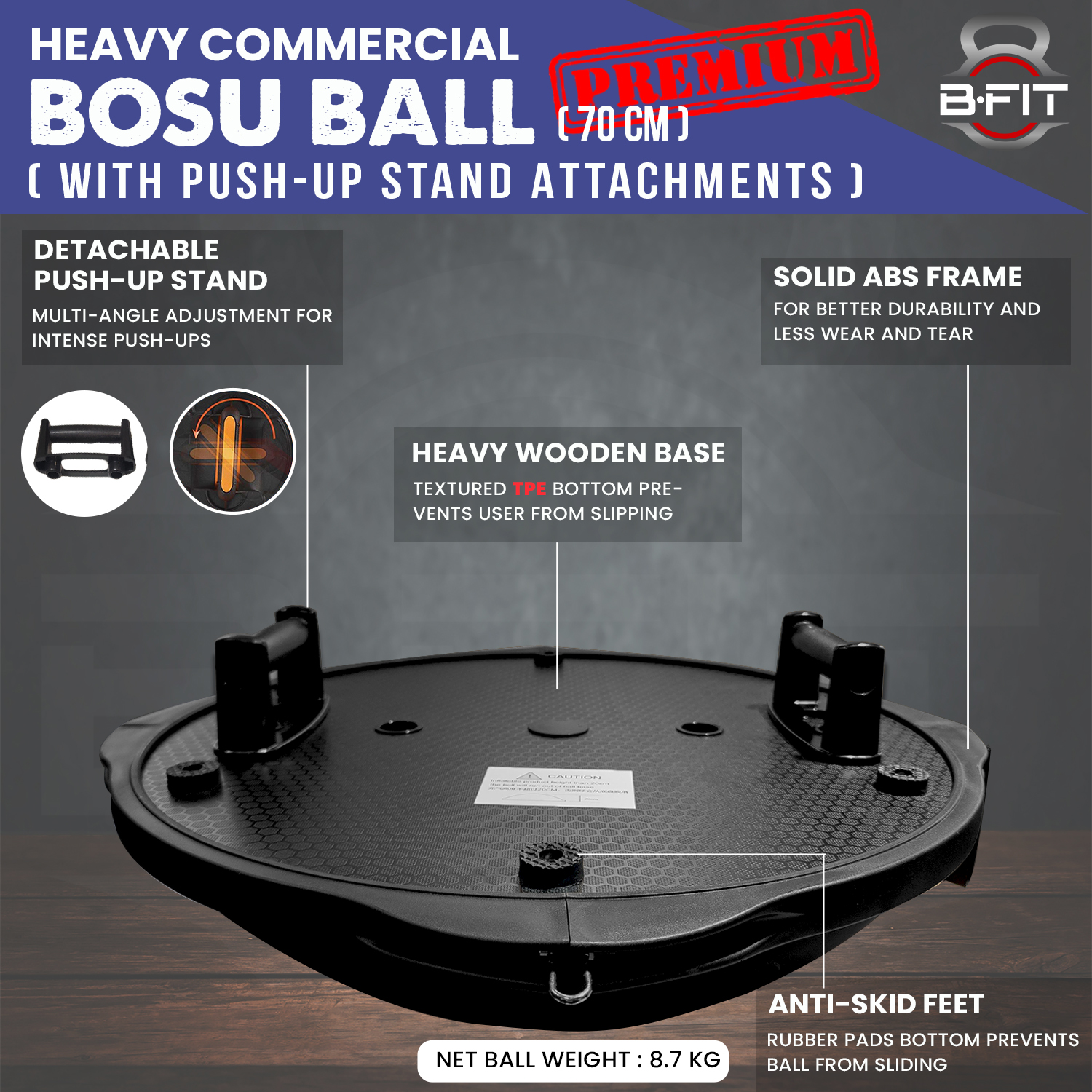B Fit Balance Trainer Stability Half Bosu Ball 70 Cm with Resistance Bands  Pushup Stands and Pump - Improve Core and Ab Strength With Full Body Home Gym Workouts Or Fitness Training