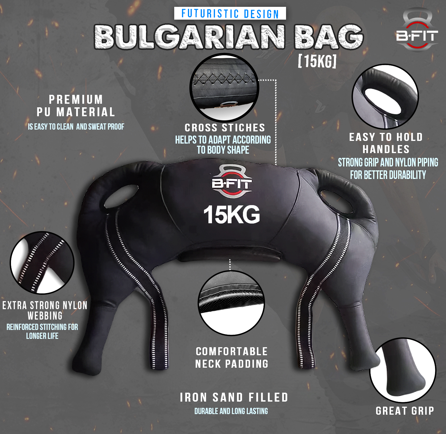 B Fit Upgraded Bulgarian Bag 15 Kg for Fitness Gym Training Cross fit Wrestling Judo Grappling MMA Full Body Workout
