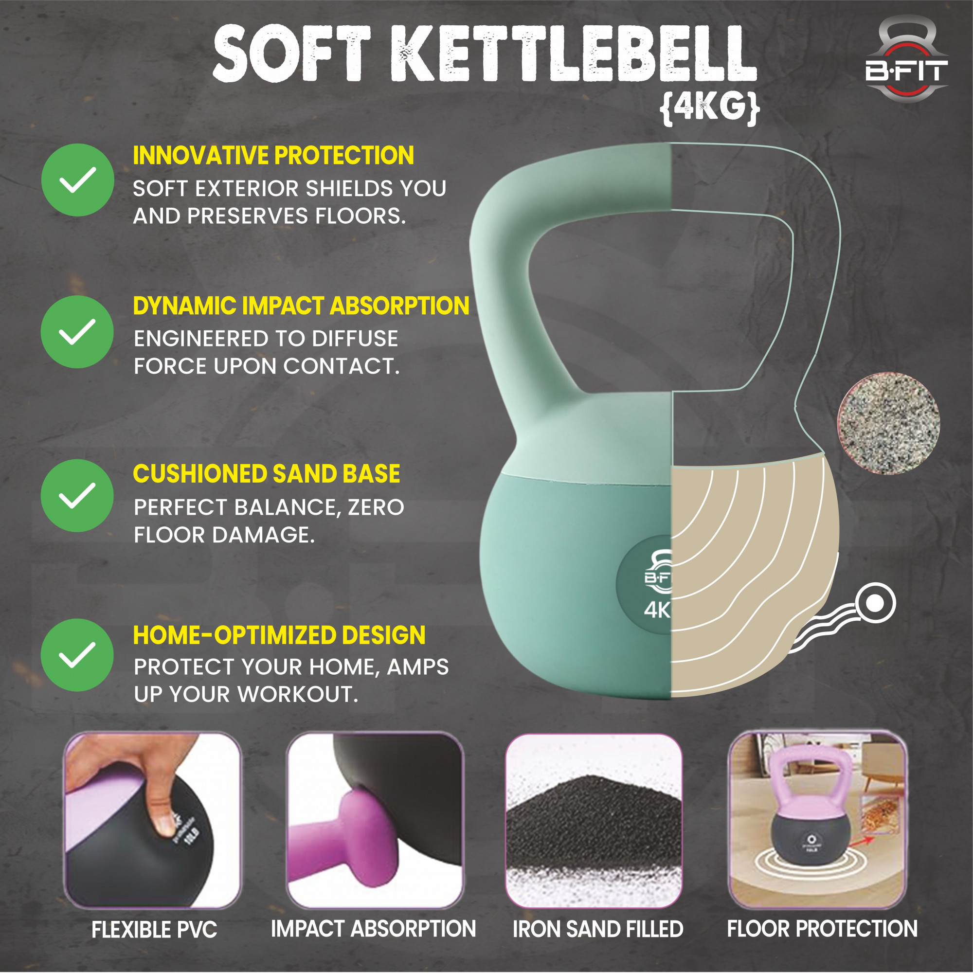 B Fit Soft Kettlebells 4 Kg with Cushioned Impact-Resistant Base and Anti-Slip