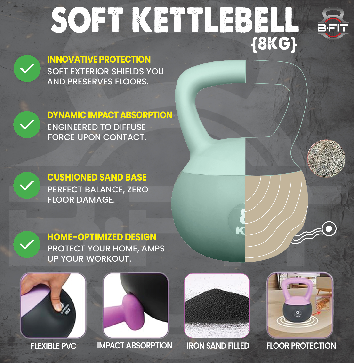 B Fit Soft Kettlebells 8 Kg with Cushioned Impact-Resistant Base and Anti-Slip