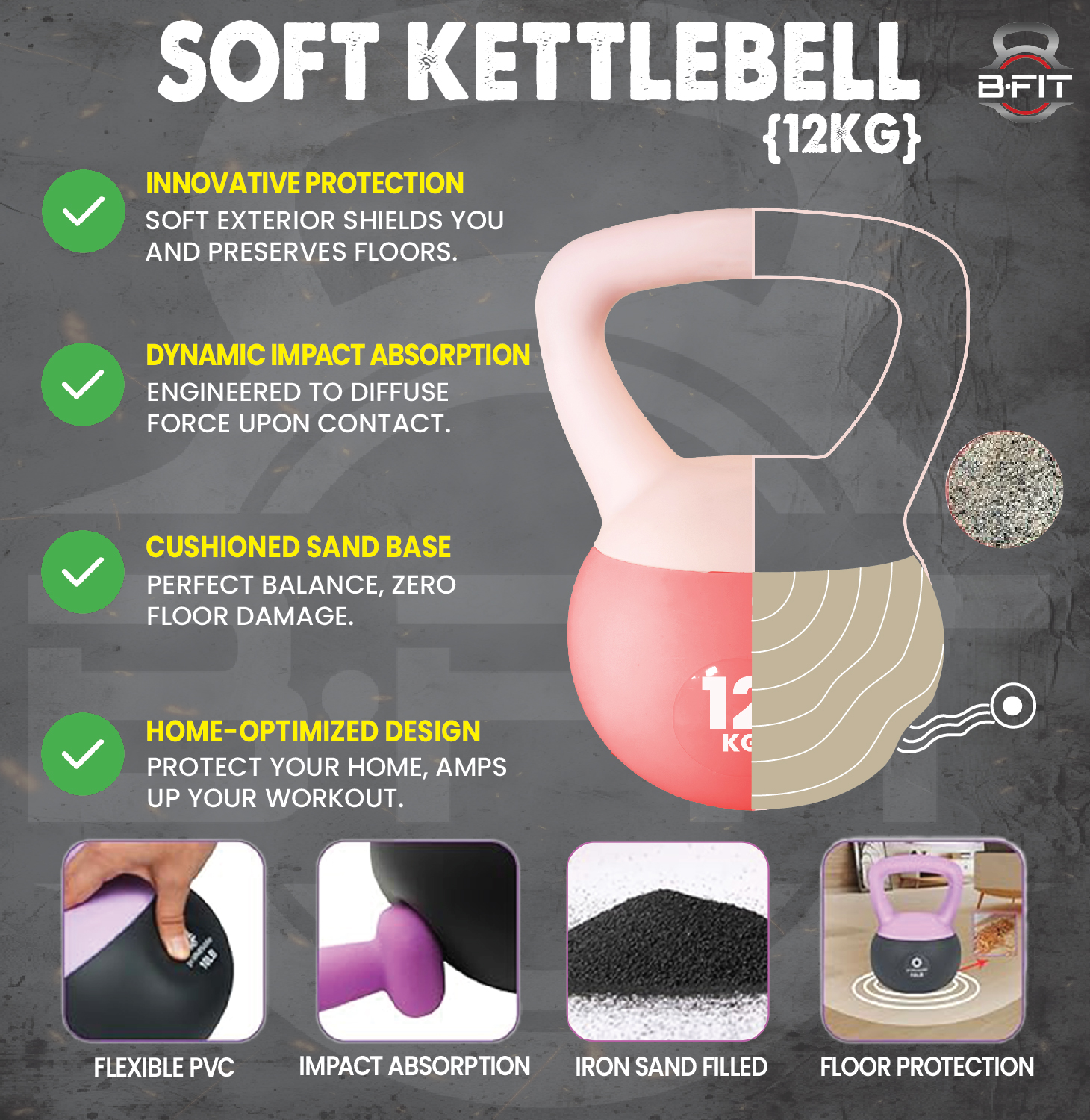 B Fit Soft Kettlebells 12 Kg with Cushioned Impact-Resistant Base and Anti-Slip