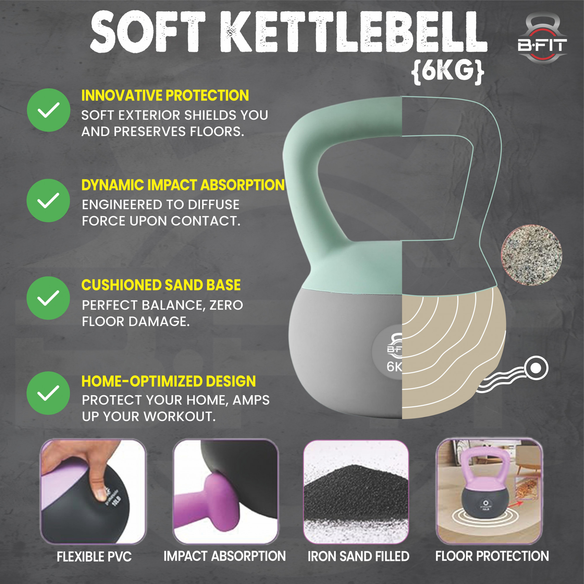 B Fit Soft Kettlebells 6 Kg with Cushioned Impact-Resistant Base and Anti-Slip