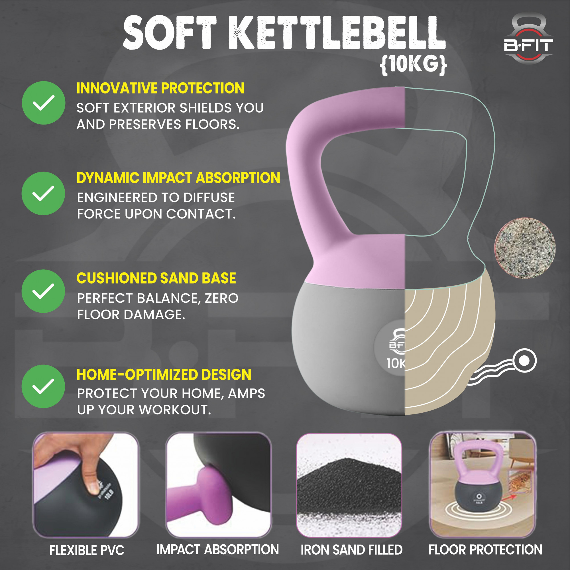B Fit Soft Kettlebells 10 Kg with Cushioned Impact-Resistant Base and Anti-Slip