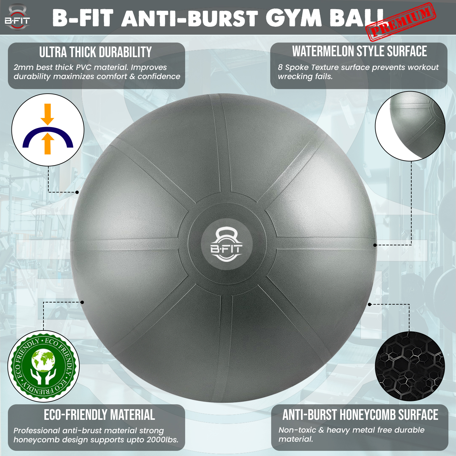 B Fit Heavy Duty Dark Grey Heavy Commercial Gym Ball 65-95 Cm - Non-Slip Stability Ball - Anti Burst Yoga Ball