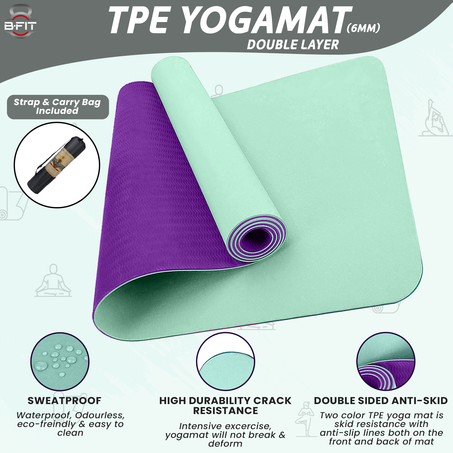 B Fit Premium TPE Yoga Mat Teal Blue Color - Classic 6 MM Pro Yoga Mat Eco Friendly Non Slip Fitness Exercise Mat with Smart Carry Bag-Workout Mat for Yoga Pilates and Floor Exercises