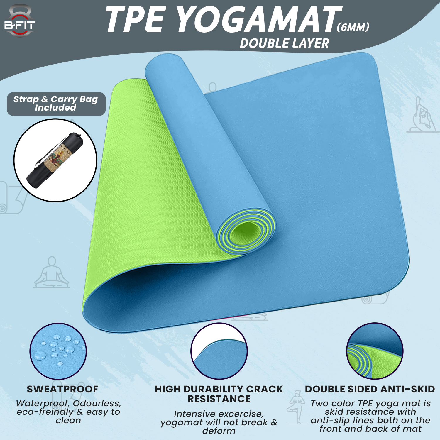 B Fit Premium TPE Yoga Mat Sky Blue Color - Classic 6 MM Pro Yoga Mat Eco Friendly Non Slip Fitness Exercise Mat with Smart Carry Bag-Workout Mat for Yoga Pilates and Floor Exercises