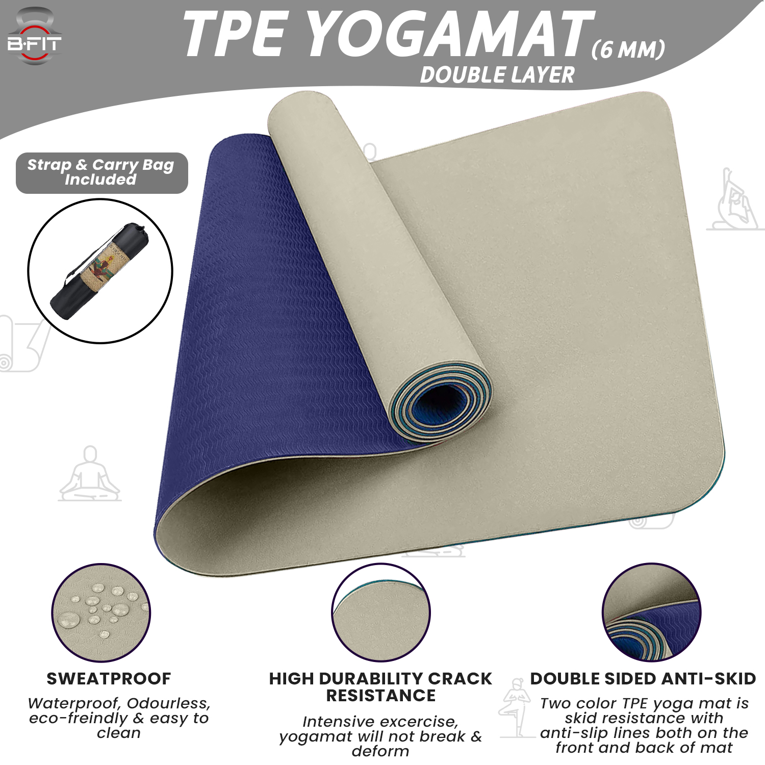 B Fit Premium TPE Yoga Mat Off White Color - Classic 6 MM Pro Yoga Mat Eco Friendly Non Slip Fitness Exercise Mat with Smart Carry Bag-Workout Mat for Yoga Pilates and Floor Exercises