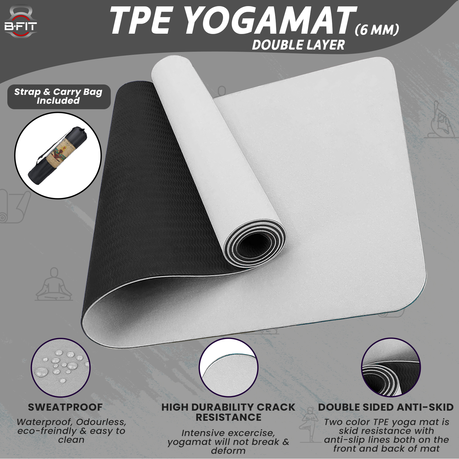 B Fit Premium TPE Yoga Mat Grayish White Color - Classic 6 MM Pro Yoga Mat Eco Friendly Non Slip Fitness Exercise Mat with Smart Carry Bag-Workout Mat for Yoga Pilates and Floor Exercises