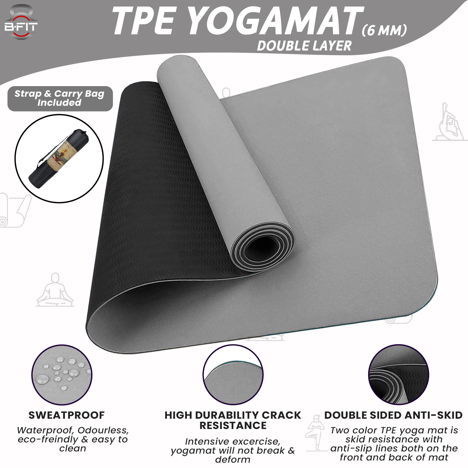 B Fit Premium TPE Yoga Mat Grey Color - Classic 6 MM Pro Yoga Mat Eco Friendly Non Slip Fitness Exercise Mat with Smart Carry Bag-Workout Mat for Yoga Pilates and Floor Exercises