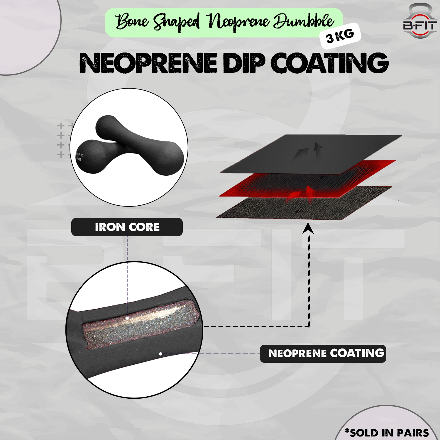 B Fit Bone Shape Neoprene Dumbbells 3 Kg Pair Non Slip Grip in Pair Packing