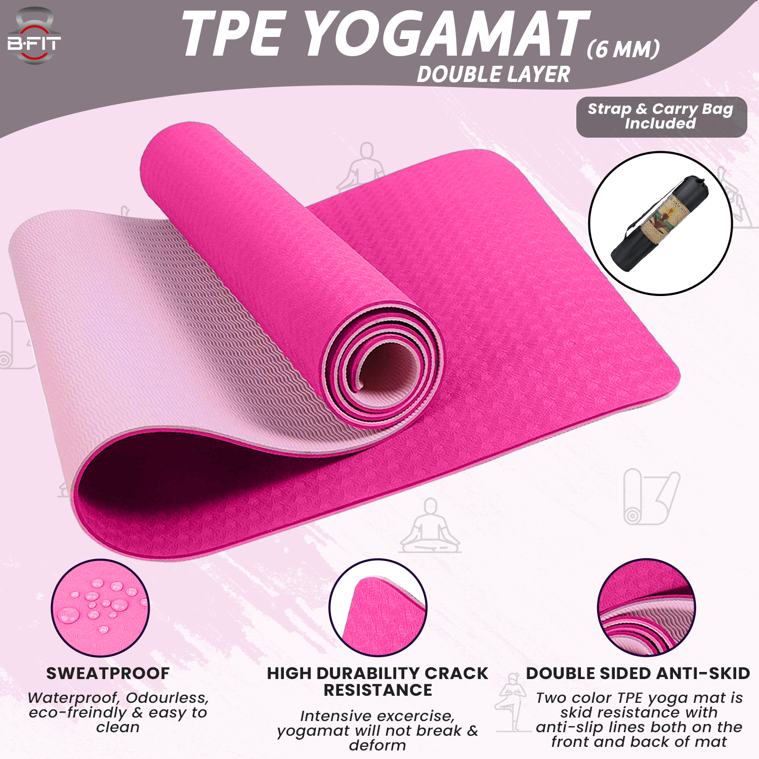 B Fit Premium TPE Yoga Mat Pink Color - Classic 6 MM Pro Yoga Mat Eco Friendly Non Slip Fitness Exercise Mat with Smart Carry Bag-Workout Mat for Yoga Pilates and Floor Exercises