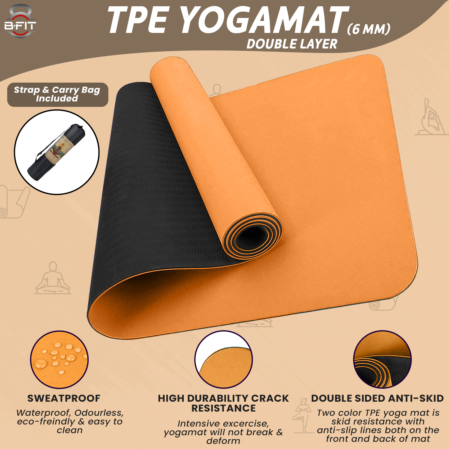 B Fit Premium TPE Yoga Mat Orange Color - Classic 6 MM Pro Yoga Mat Eco Friendly Non Slip Fitness Exercise Mat with Smart Carry Bag-Workout Mat for Yoga Pilates and Floor Exercises