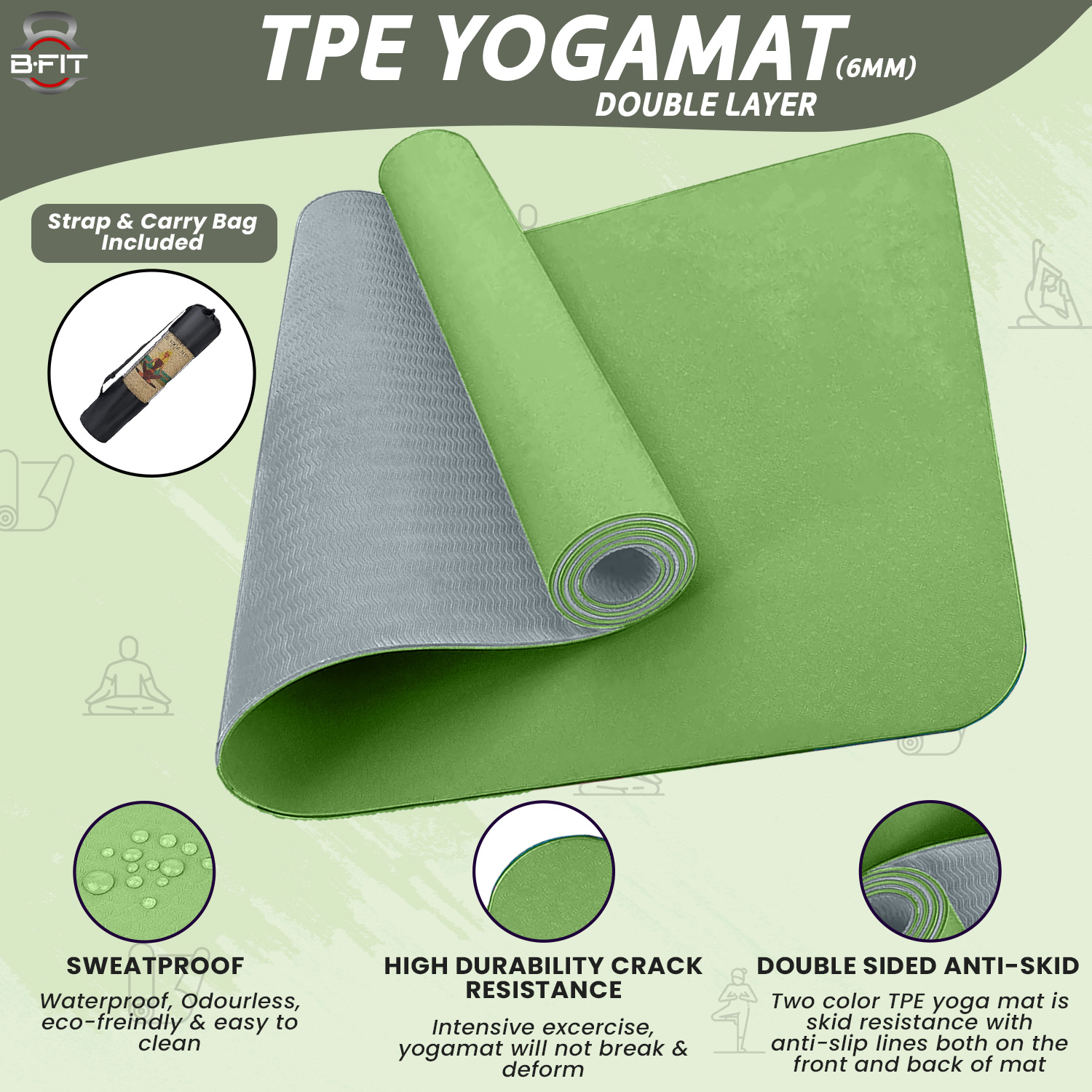 B Fit Premium TPE Yoga Mat Green Color - Classic 6 MM Pro Yoga Mat Eco Friendly Non Slip Fitness Exercise Mat with Smart Carry Bag-Workout Mat for Yoga Pilates and Floor Exercises