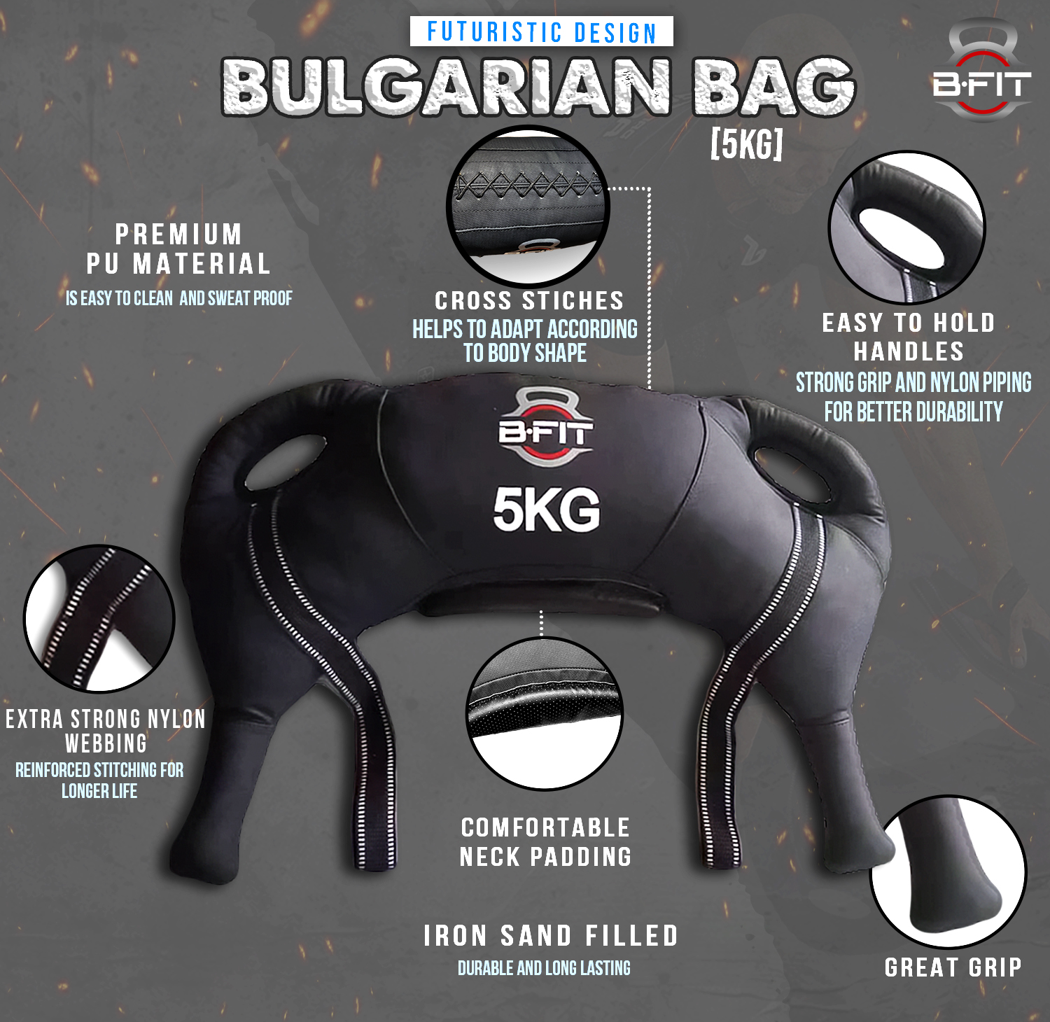 B Fit Upgraded Bulgarian Bag 5 Kg for Fitness Gym Training Cross fit Wrestling Judo Grappling MMA Full Body Workout