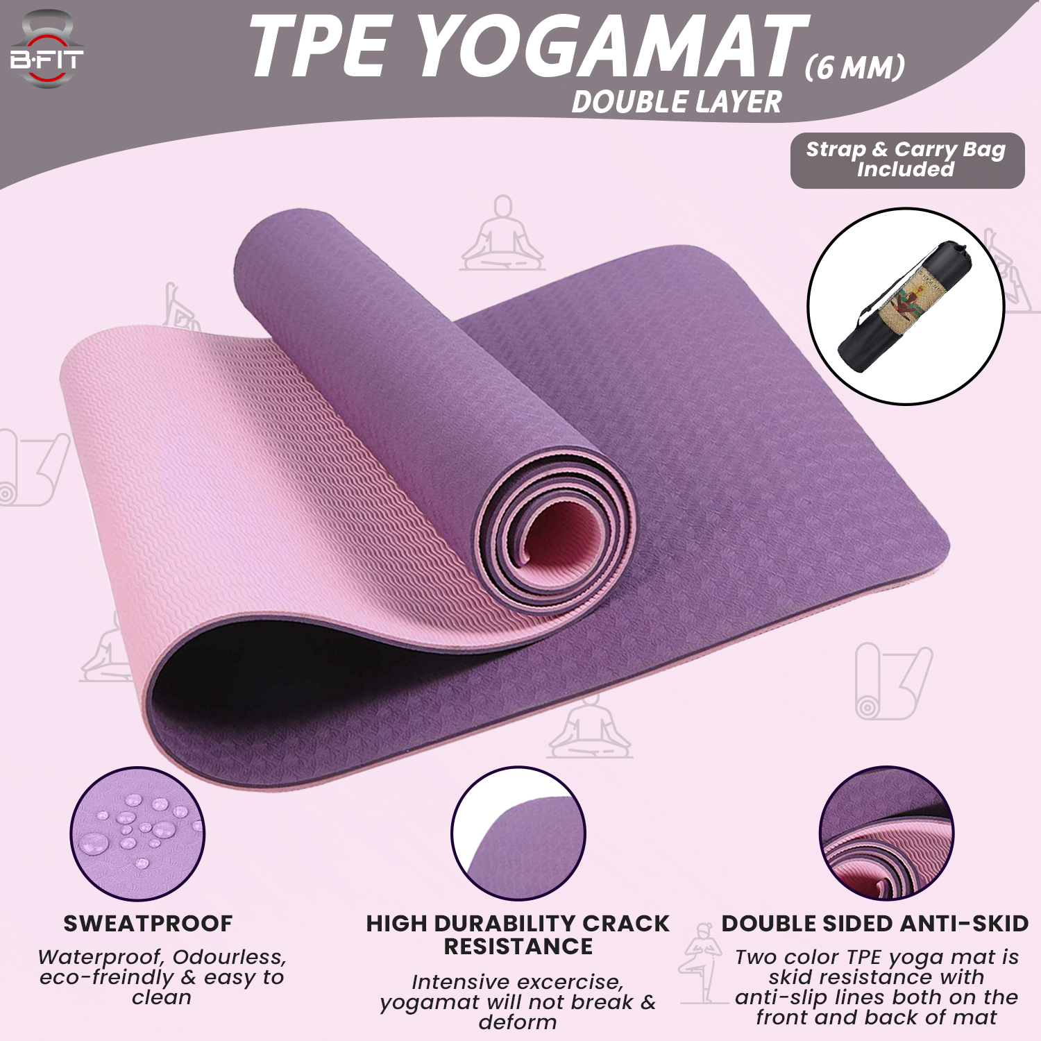 B Fit Premium TPE Yoga Mat Purple Color - Classic 6 MM Pro Yoga Mat Eco Friendly Non Slip Fitness Exercise Mat with Smart Carry Bag-Workout Mat for Yoga Pilates and Floor Exercises