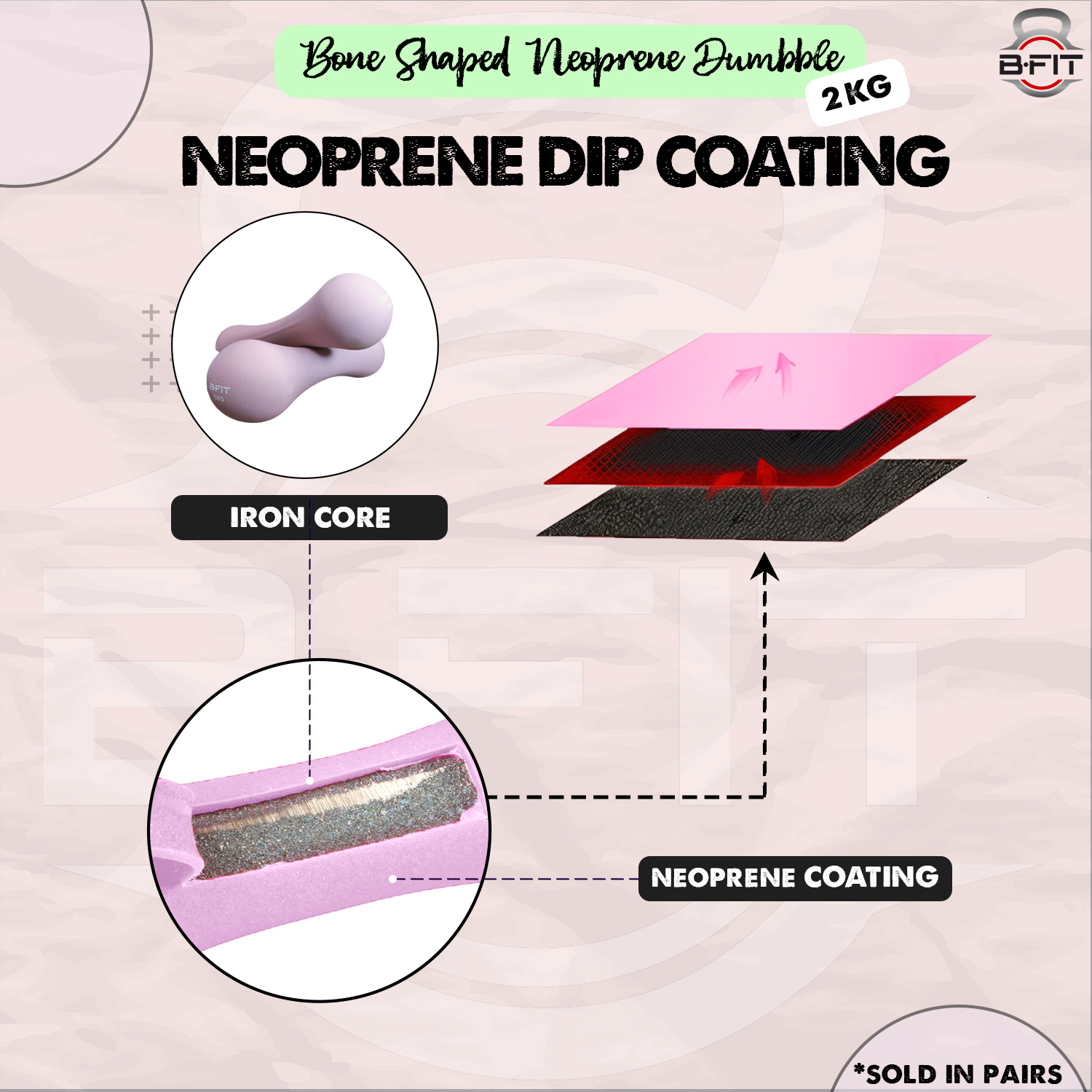 B Fit Bone Shape Neoprene Dumbbells 2 Kg Pair Non Slip Grip in Pair Packing