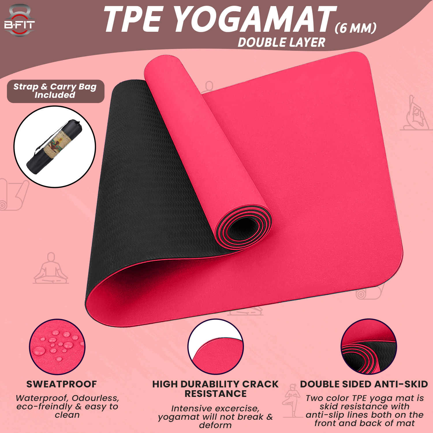 B Fit Premium TPE Yoga Mat Red Color - Classic 6 MM Pro Yoga Mat Eco Friendly Non Slip Fitness Exercise Mat with Smart Carry Bag-Workout Mat for Yoga Pilates and Floor Exercises