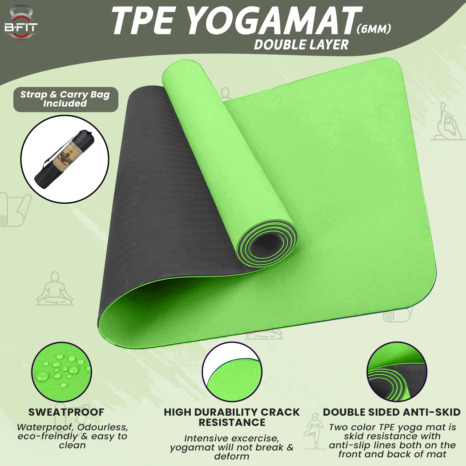 B Fit Premium TPE Yoga Mat Light Green Color - Classic 6 MM Pro Yoga Mat Eco Friendly Non Slip Fitness Exercise Mat with Smart Carry Bag-Workout Mat for Yoga Pilates and Floor Exercises
