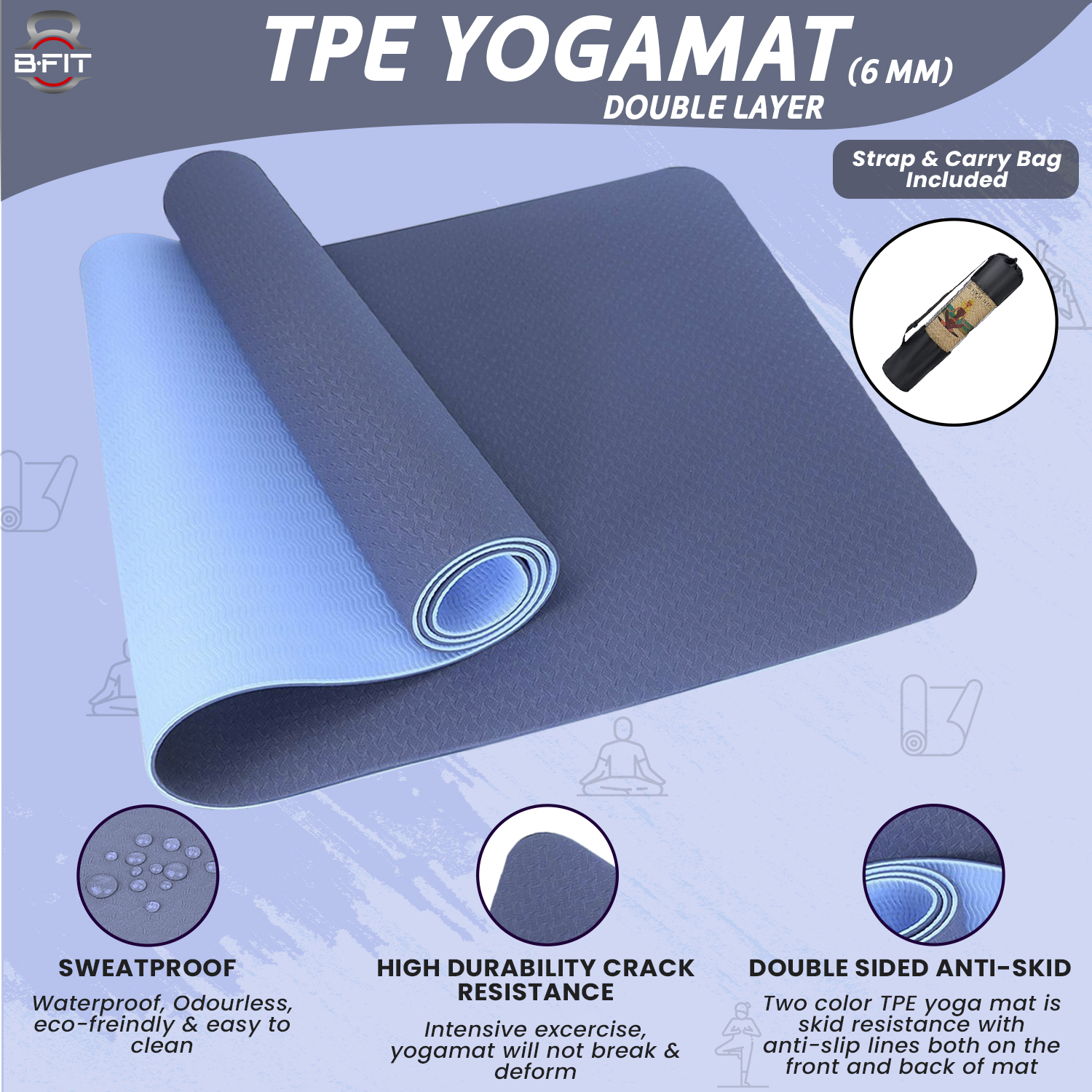 B Fit Premium TPE Yoga Mat Blue Color - Classic 6 MM Pro Yoga Mat Eco Friendly Non Slip Fitness Exercise Mat with Smart Carry Bag-Workout Mat for Yoga Pilates and Floor Exercises