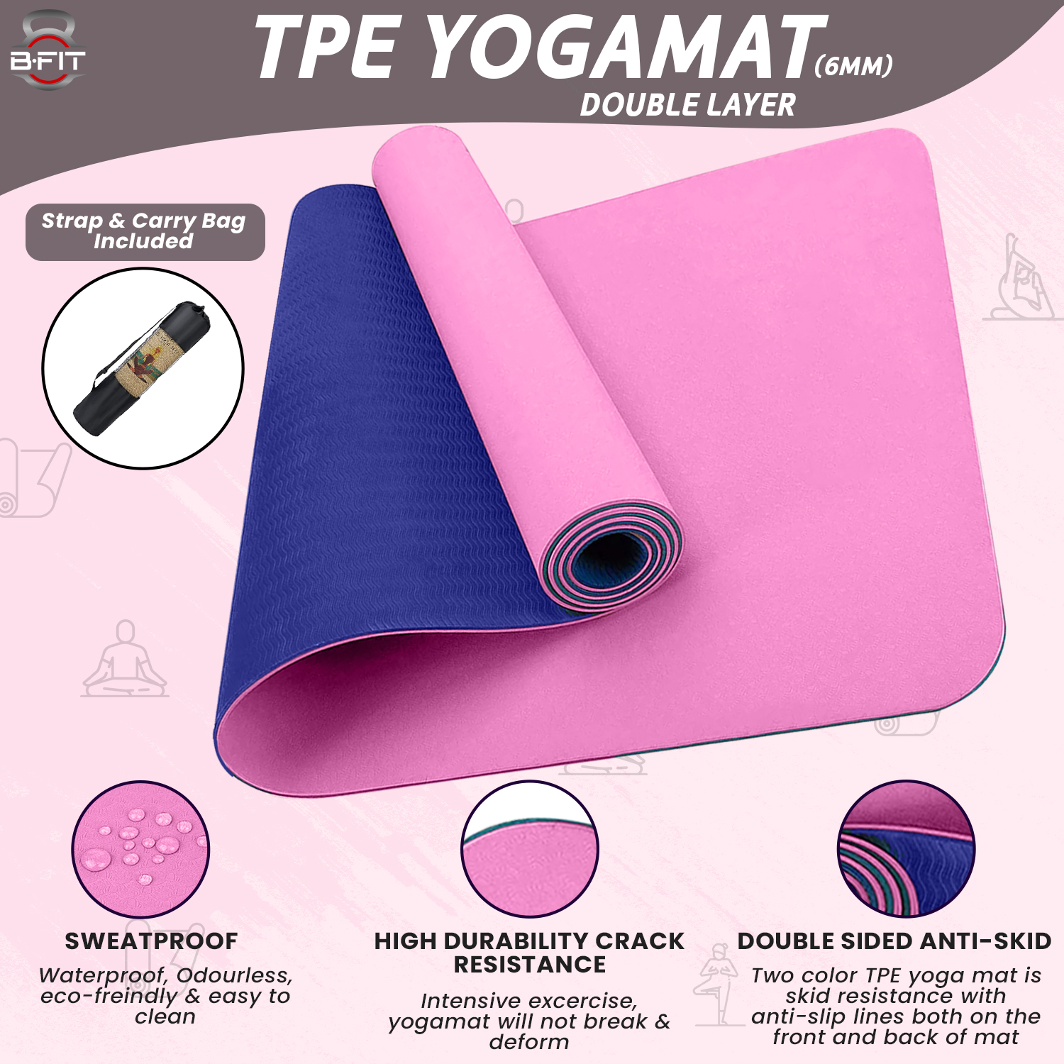 B Fit Premium TPE Yoga Mat Pink-Blue Color - Classic 6 MM Pro Yoga Mat Eco Friendly Non Slip Fitness Exercise Mat with Smart Carry Bag-Workout Mat for Yoga Pilates and Floor Exercises