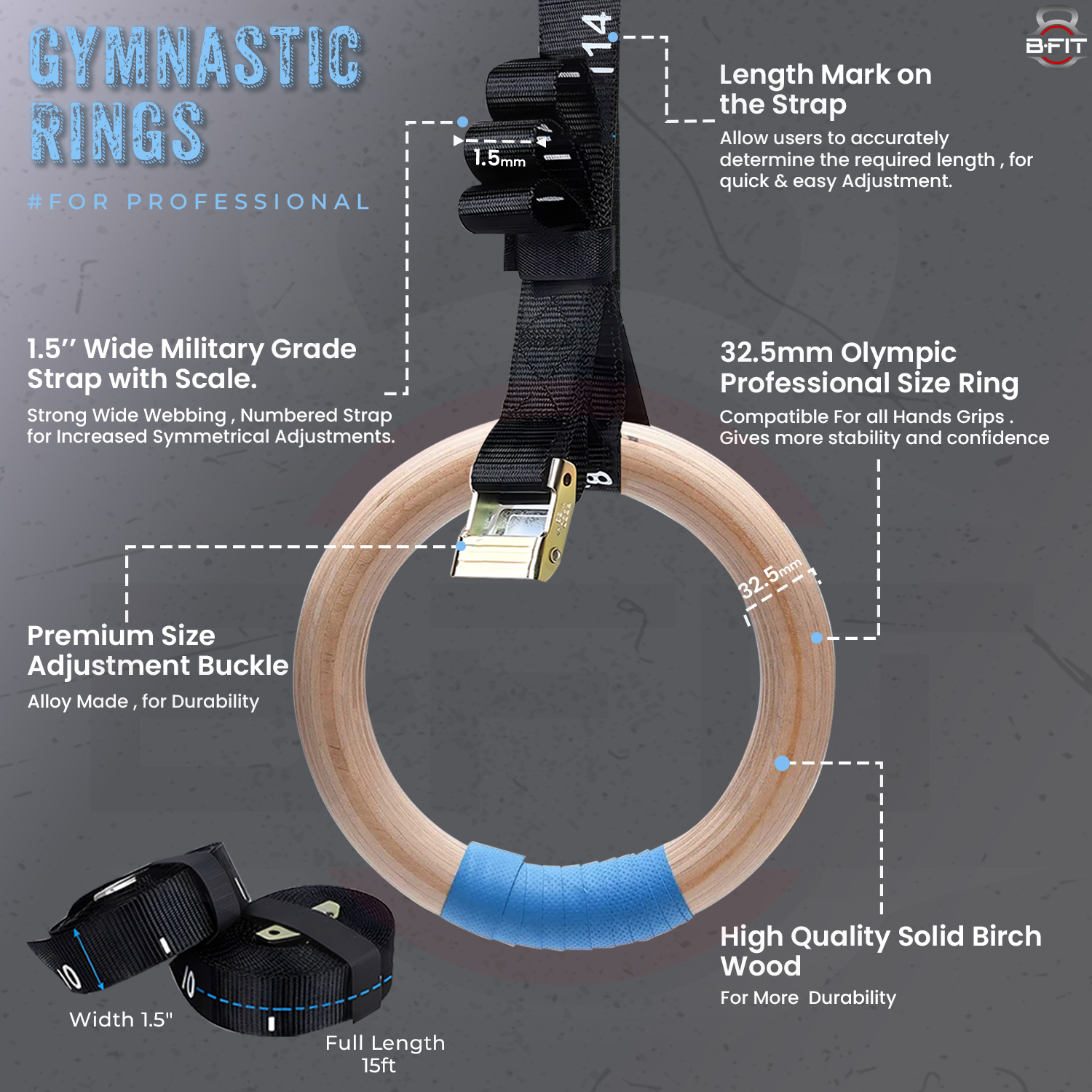 B Fit Gymnastic Rings Roman Rings Olympic Gym Wooden Rings with Heavy Duty Adjustable Straps for GymCross TrainingStrength TrainingPull Ups and Dips