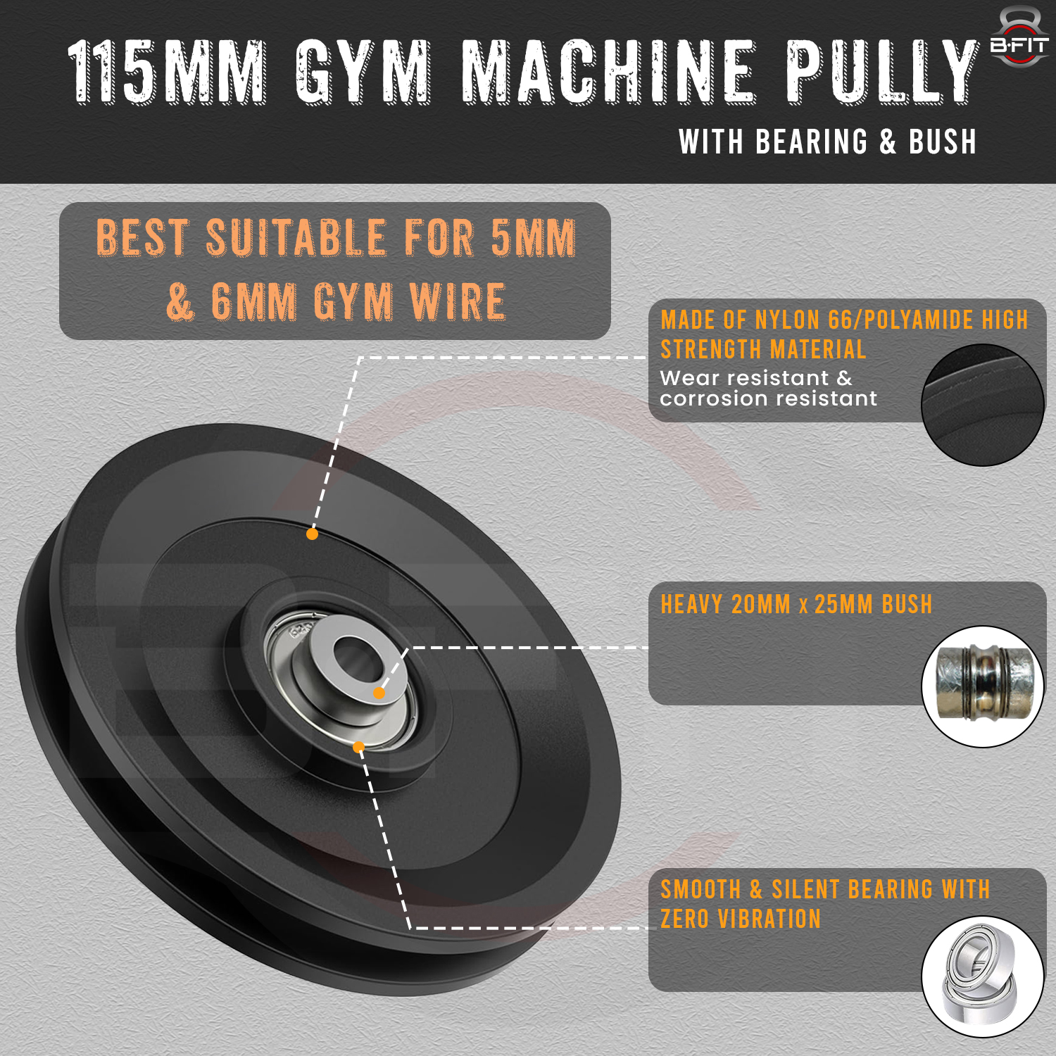 B Fit Gym Pulley 115 MM Black with inbuilt Bearing and Bush Wheel Cable Gym Fitness Equipment Part Set