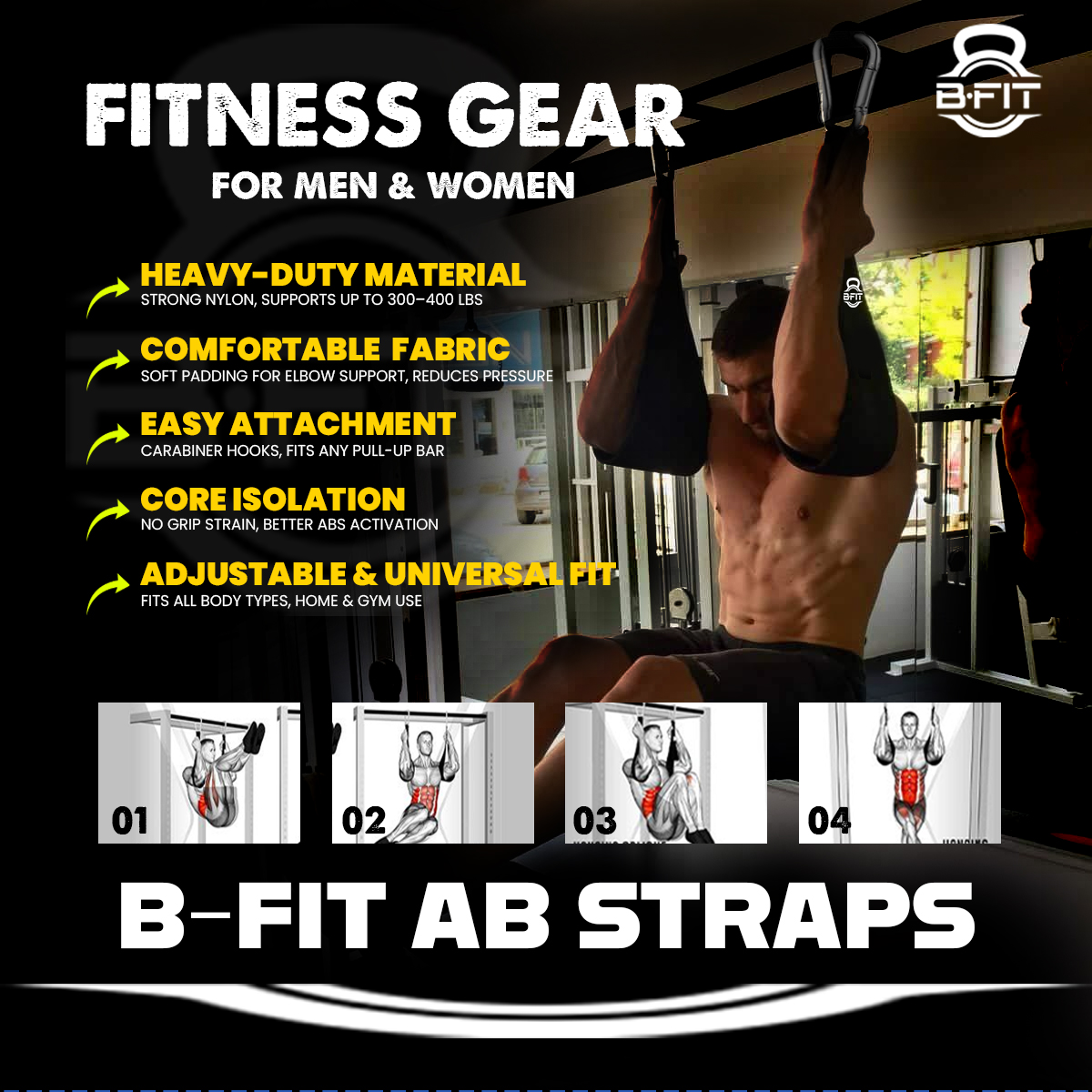 B Fit Fitness Hanging Open Design Ab Straps for Pull Up Bar Core Strength Training - Soft Padded Exercise Straps for Ab Swing Leg Raises 2 Hang Bar Strap with 2 Steel Carabiners - Abs Equipment for Home Gym