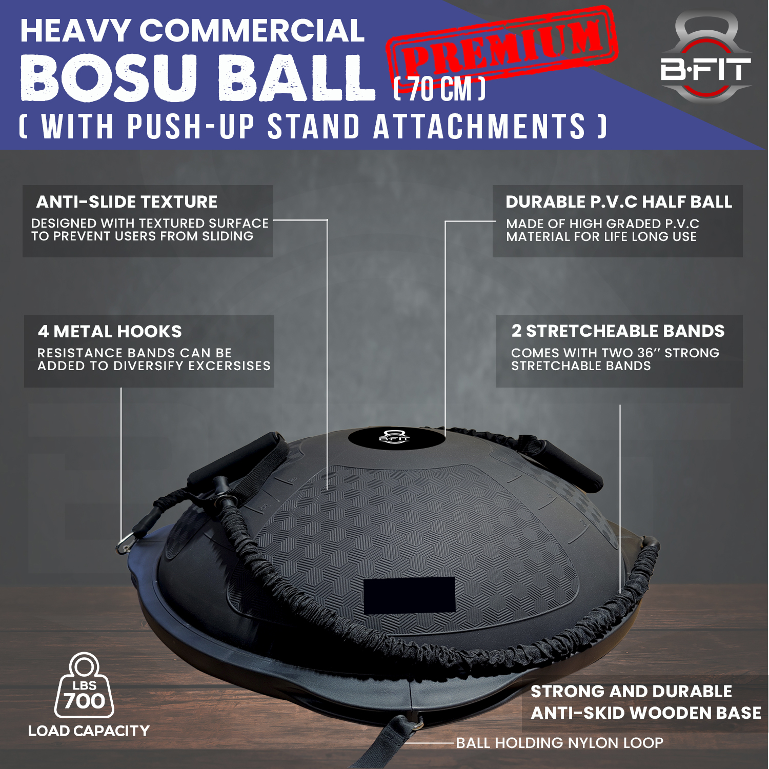 B Fit Balance Trainer Stability Half Bosu Ball 70 Cm with Resistance Bands Pushup Stands and Pump - Improve Core and Ab Strength With Full Body Home Gym Workouts Or Fitness Training