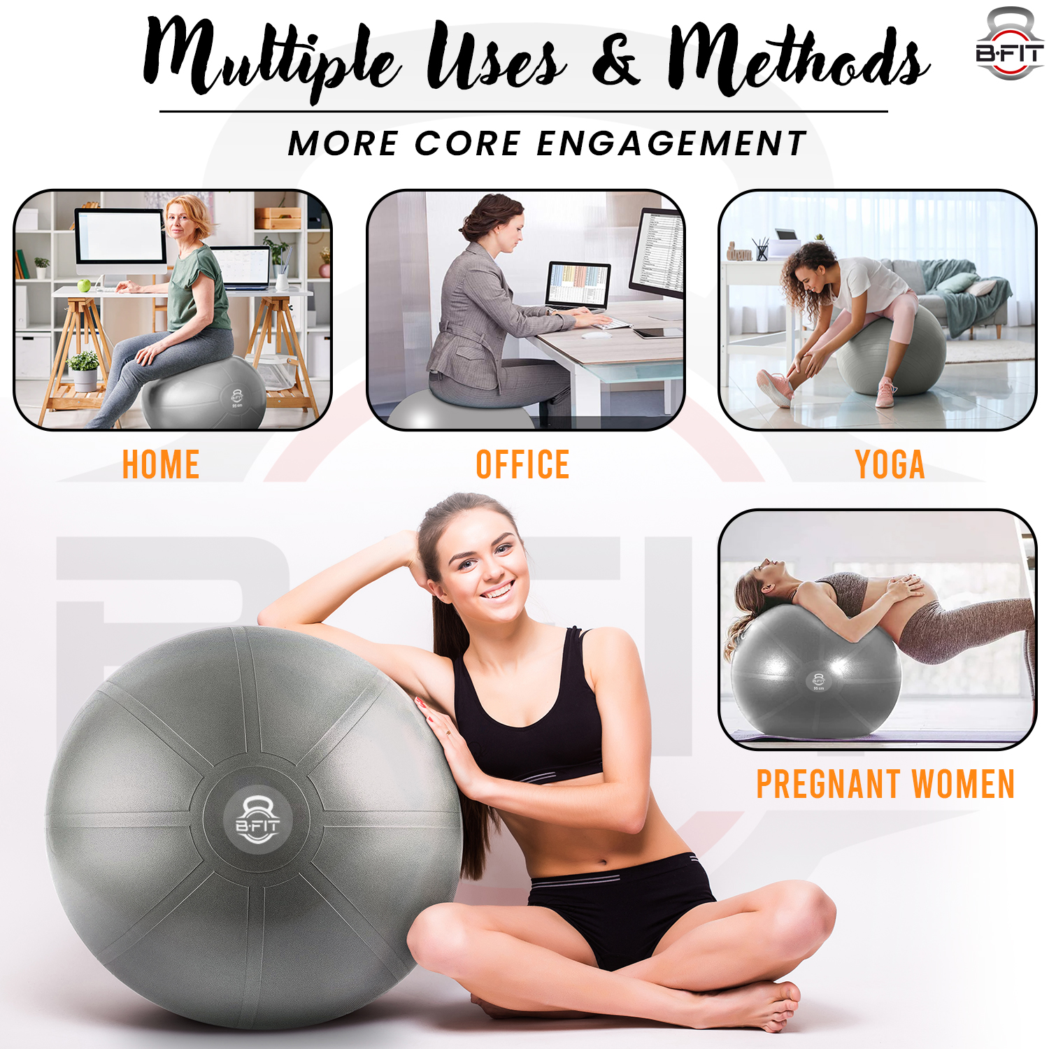 B Fit Heavy Duty Dark Grey Heavy Commercial Gym Ball 65-95 Cm - Non-Slip Stability Ball - Anti Burst Yoga Ball