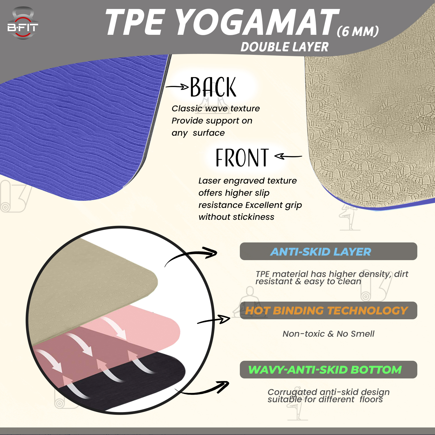 B Fit Premium TPE Yoga Mat Off White Color - Classic 6 MM Pro Yoga Mat Eco Friendly Non Slip Fitness Exercise Mat with Smart Carry Bag-Workout Mat for Yoga Pilates and Floor Exercises