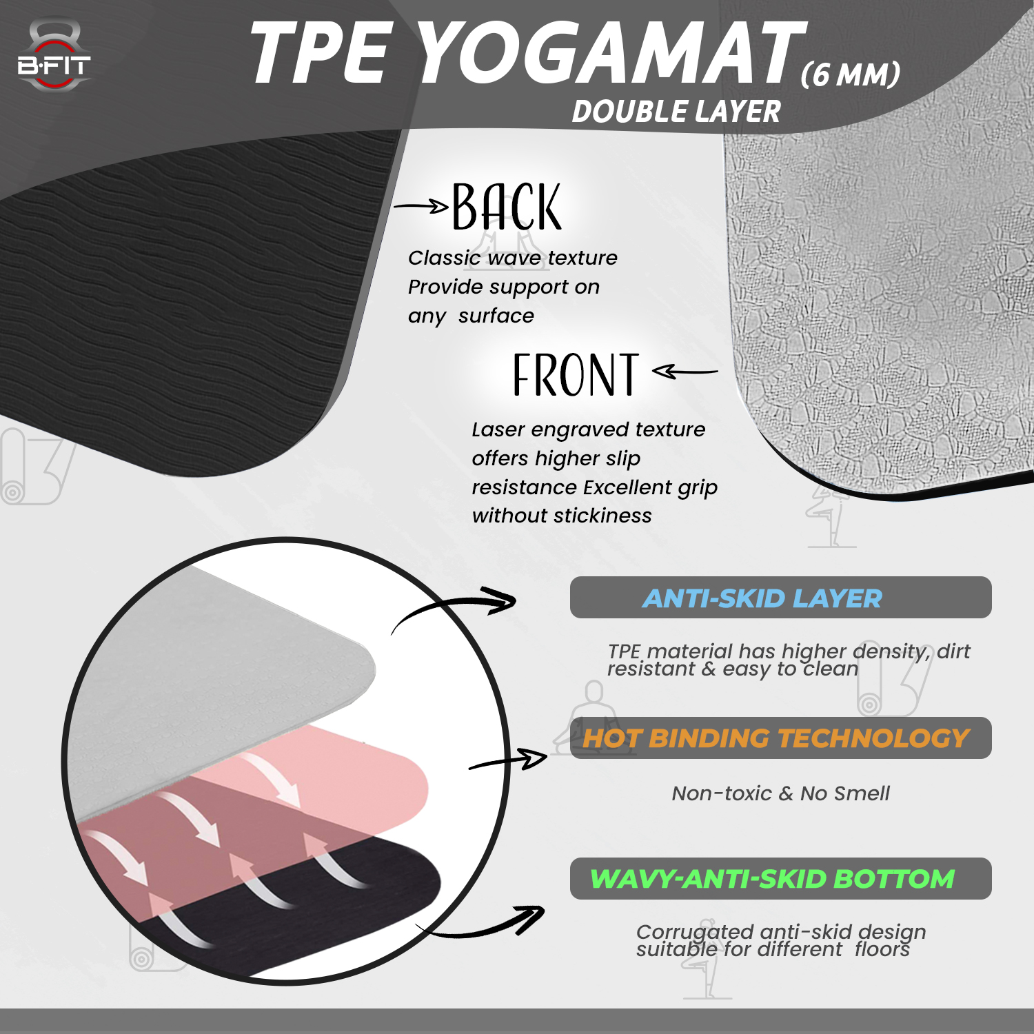 B Fit Premium TPE Yoga Mat Grayish White Color - Classic 6 MM Pro Yoga Mat Eco Friendly Non Slip Fitness Exercise Mat with Smart Carry Bag-Workout Mat for Yoga Pilates and Floor Exercises