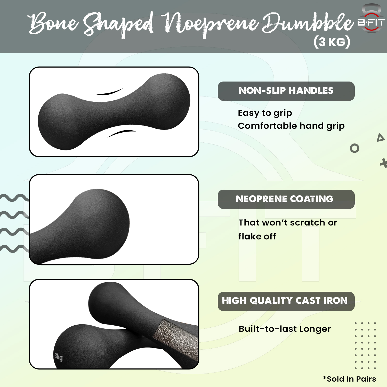 B Fit Bone Shape Neoprene Dumbbells 3 Kg Pair Non Slip Grip in Pair Packing