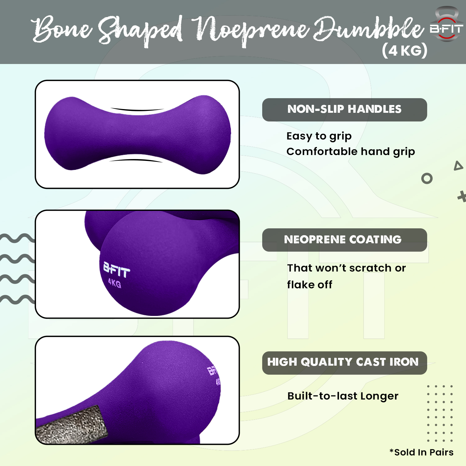 B Fit Bone Shape Neoprene Dumbbells 4 Kg Pair Non Slip Grip in Pair Packing
