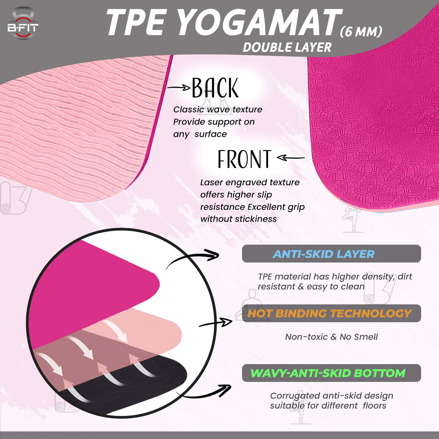 B Fit Premium TPE Yoga Mat Pink Color - Classic 6 MM Pro Yoga Mat Eco Friendly Non Slip Fitness Exercise Mat with Smart Carry Bag-Workout Mat for Yoga Pilates and Floor Exercises